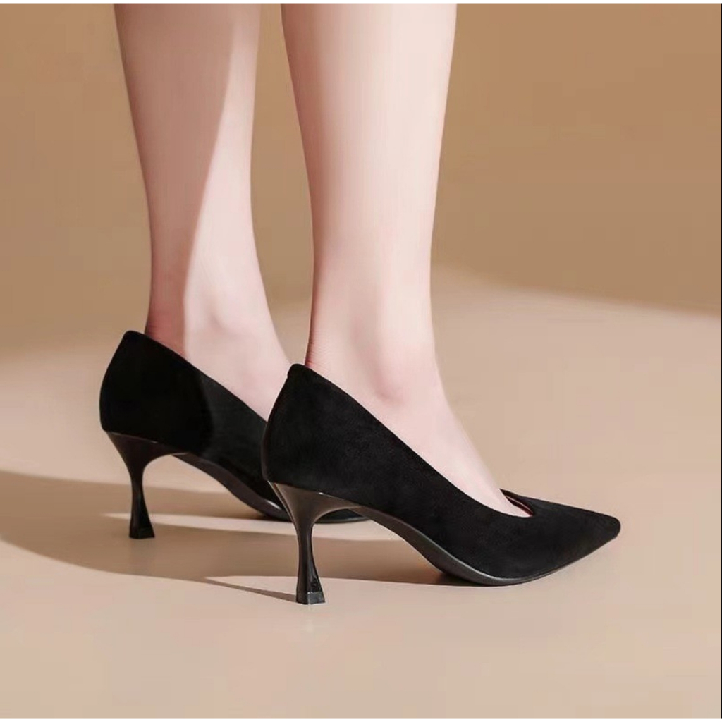 พร้อมส่ง 🍑 33-43。 📏 ขนาดพลัส 👠 หนังกลับหัวแหลม รองเท้าส้นสูงสไตล์เกาหลีที่หรูหรา - รูปที่ 5