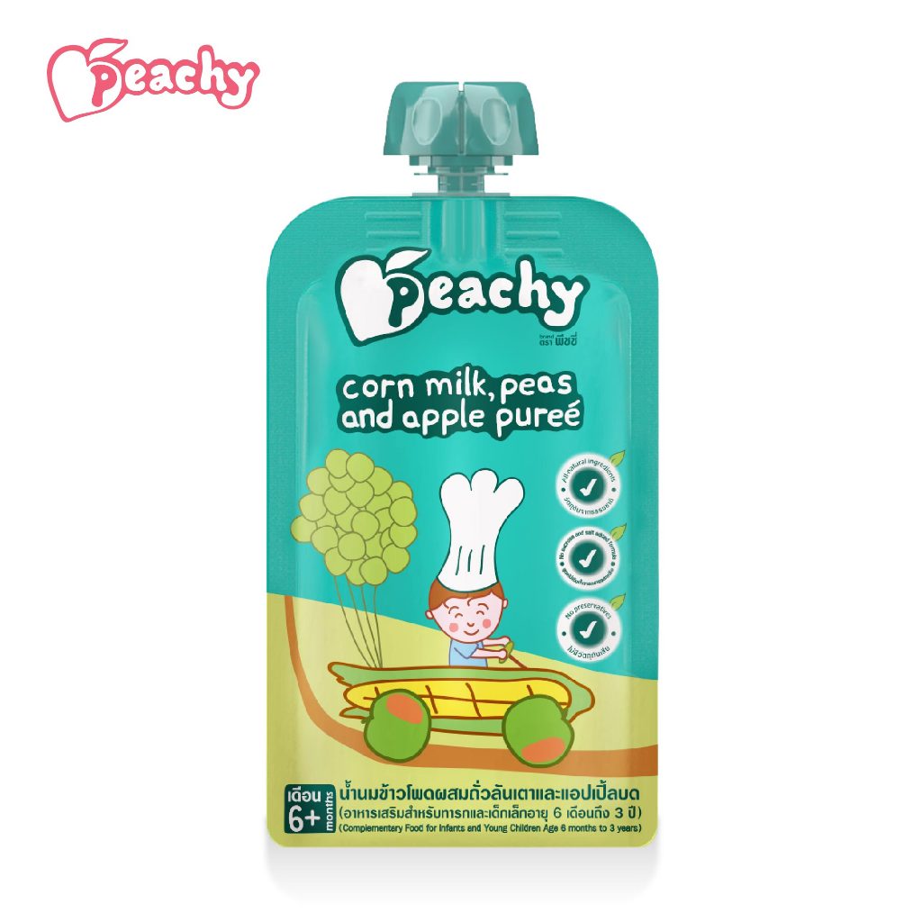 Peachy อาหารเสริมสำหรับเด็ก รสน้ำนมข้าวโพดผสมถั่วลันเตาและแอปเปิลบด 1 ถุง (R19)