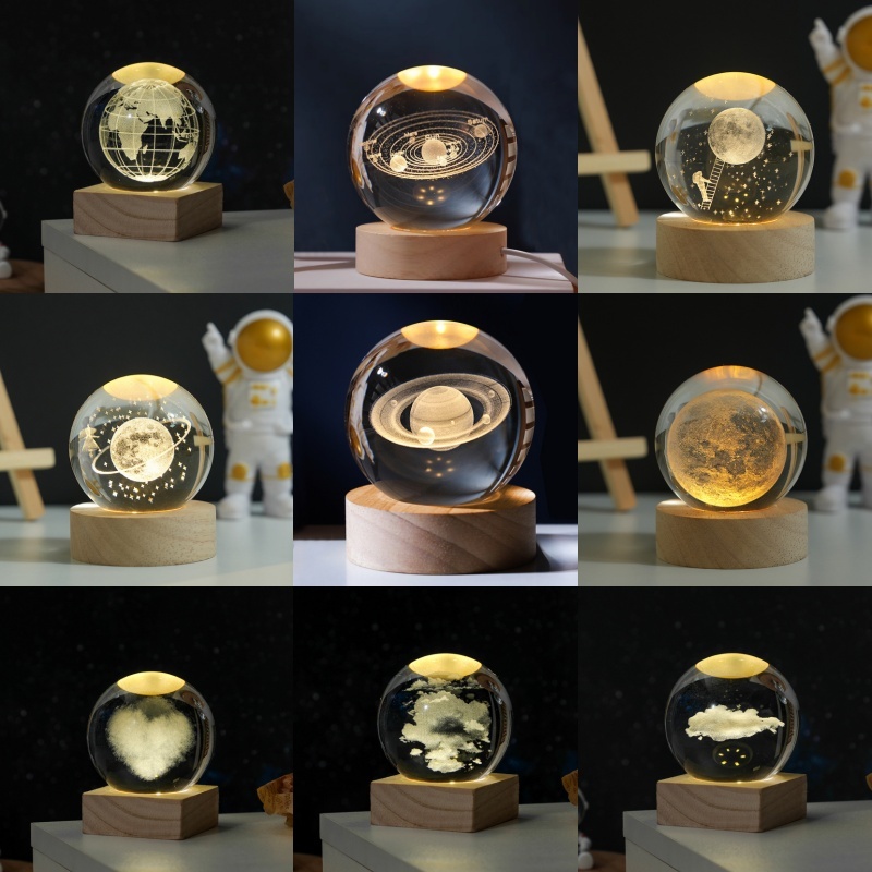 โคมไฟข้างเตียง 3 มิติ LED Planet Series โคมไฟคริสตัลฐานกลม 6 ซม. + อินเทอร์เฟซ USB ไฟกลางคืน ของขวัญวันเกิด โคมไฟตกแต่งห