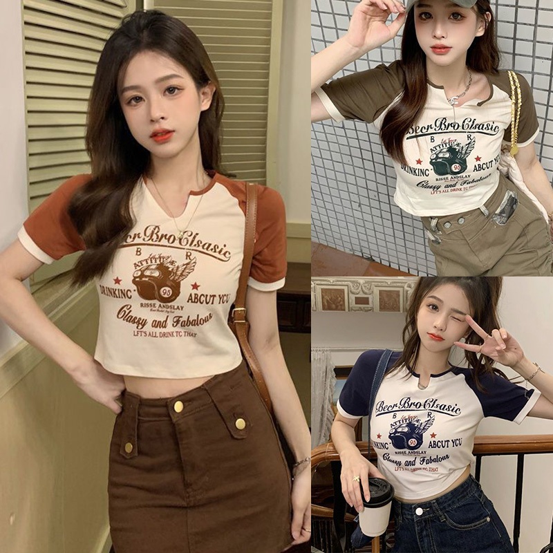 จัดส่งจากกรุงเทพ เสื้อครอปเเขนสั้นคอกลม ลายพิมพ์วินเทจสไตล์อเมริกัน เน้นหุ่นสวย