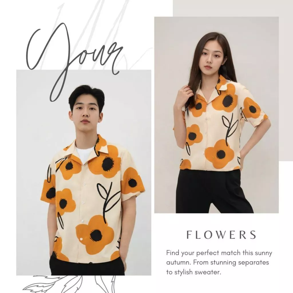 WOLF Hawaii Shirt เสื้อฮาวายแขนสั้น ลายดอกดำส้ม H246 thumbnail 3