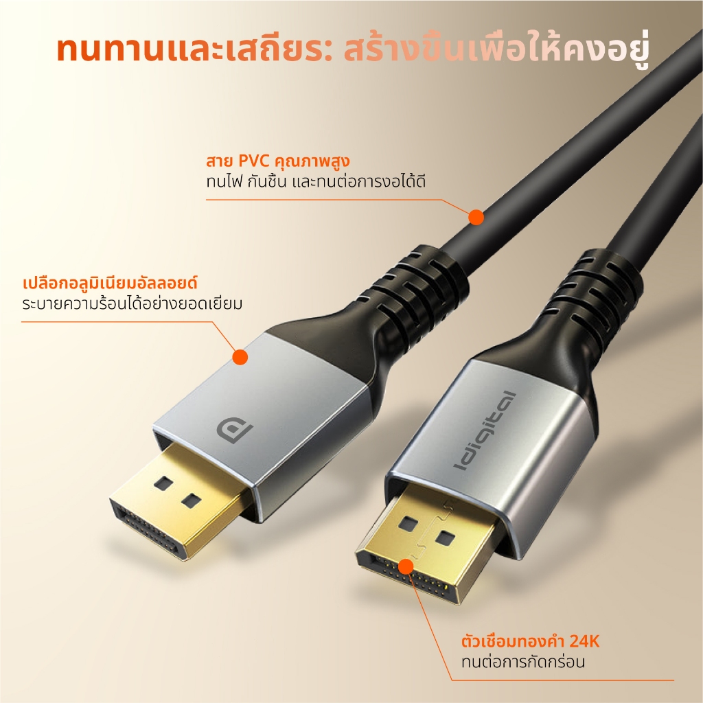 Idigital สาย DP 1.4 8K Cable, DisplayPort 1.4, 8K/60Hz, 4K/144Hz, 2K/240Hz, 1m-5m, For PC TV, ส่งจาก กทม, รับประกัน 1 ป