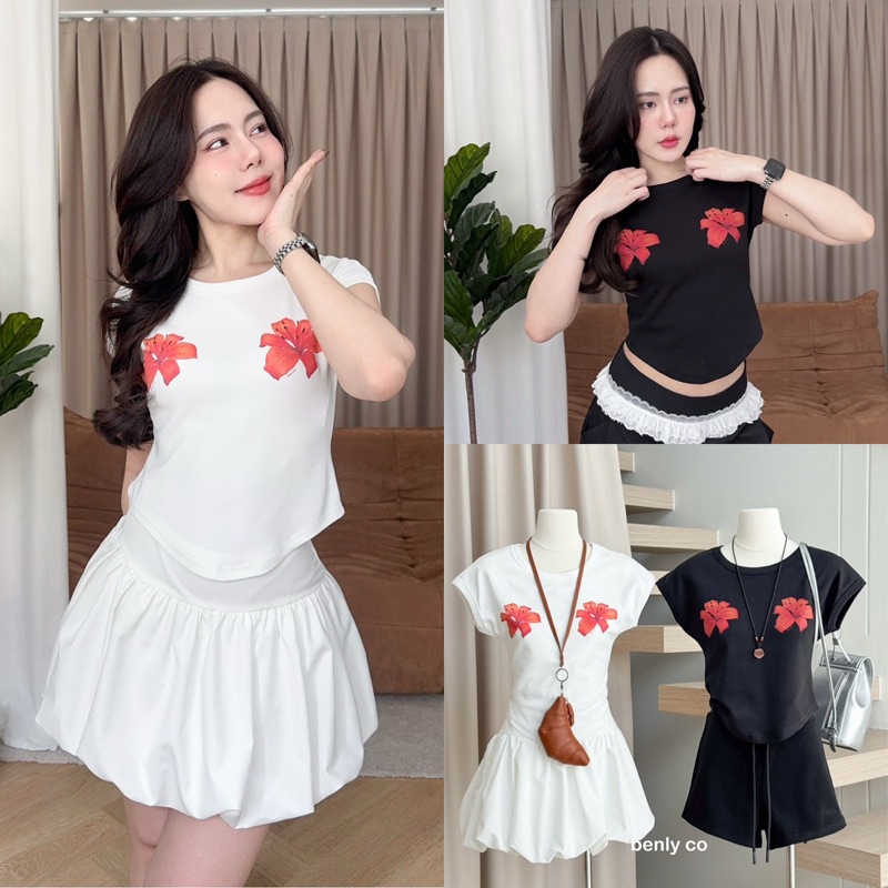 **พร้อมส่ง**♡BY0192 Hibicus babytee สกรีนจม ผ้าเด้งเนื้อดี ทรงปลายยูเพิ่มความเพรียว benly co