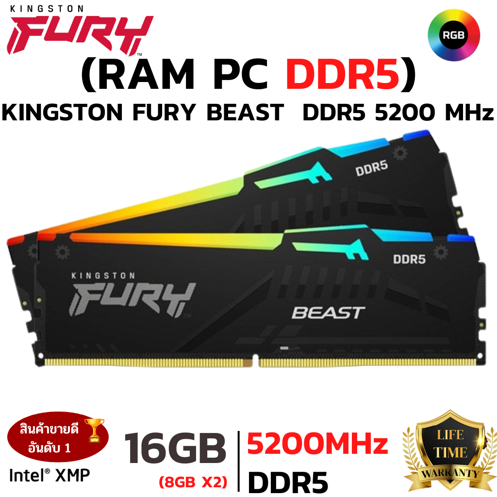 RAM DDR5 16GB (8GBx2) 5200MHz (หน่วยความจำ) KINGSTON FURY BEAST DDR5 RGB (BLACK)