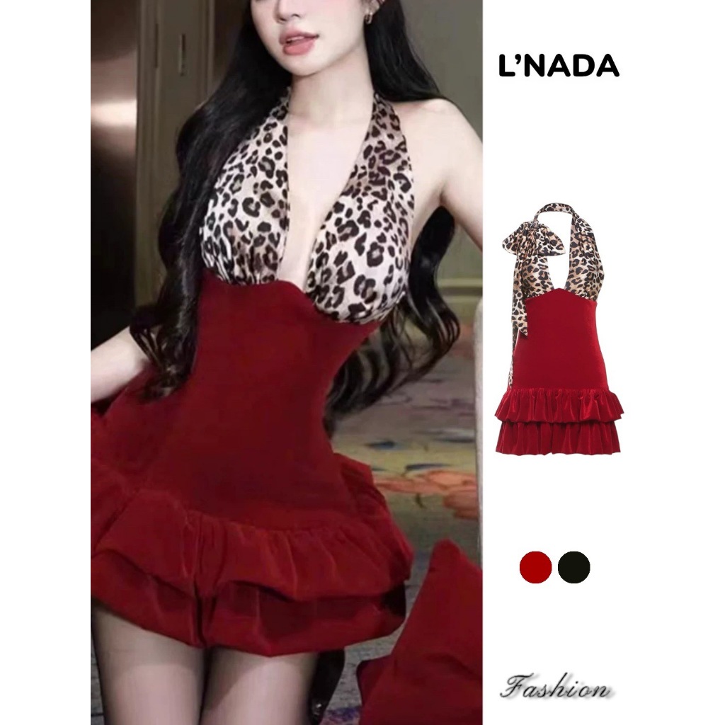 L'NADA พร้อมส่ง ชุดเดรสคล้องคอผูกหลัง ลายเสือดาวทูโทน