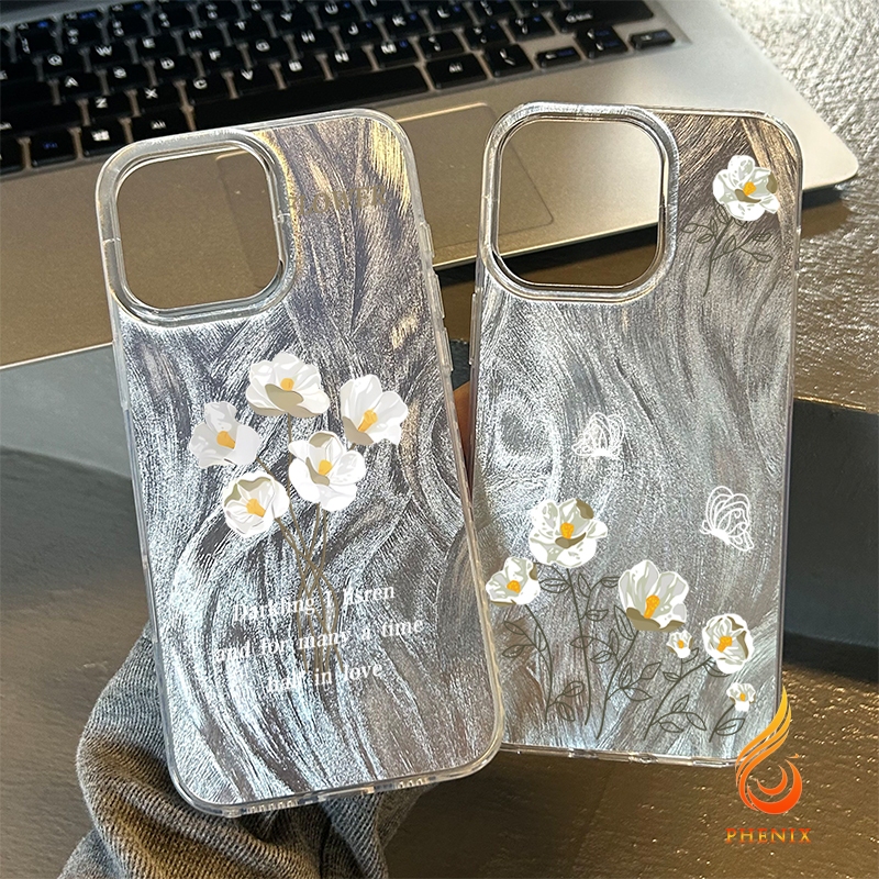 For iPhone 11 13 Lilies เคส ไอโฟน เลเซอร์โฮโลแกรมหรูหราขนสีเงิน TPU For iPhone 15 14 12 Pro Max 11 XR X XS Max 7 8 PLUS