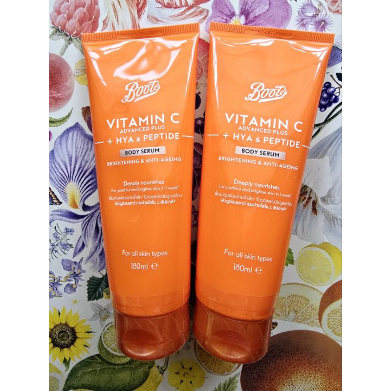 Boots VitaminC Advanced Plus +HYA & PEPTIDE Body Serum 180ml.เซรั่มบำรุงผิวกายผิวดูอ่อนเยาว์ กระจ่าง
