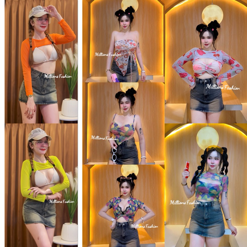 💰Pangpang💰 เสื้อครอป ผ้าซีทรู ลายใหม่ สงกรานต์ แซ่บๆ รอบอก32-36“