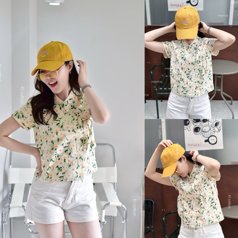KL เสื้อผ้าฝ้ายพิมพ์ลายดอกเดซี่ กระดุมมุกขาว