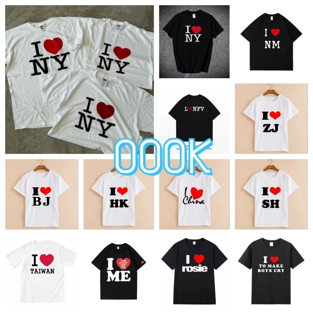 (จัดส่งตลอด 24 ชั่วโมง)OOOK Officialเสื้อยืดแขนสั้นมีการพิมพ์ลายหัวใจและตัวอักษร“I LOVE NY”เสื้อยืดสั้นพอดีตัวสำหรับฤดูร