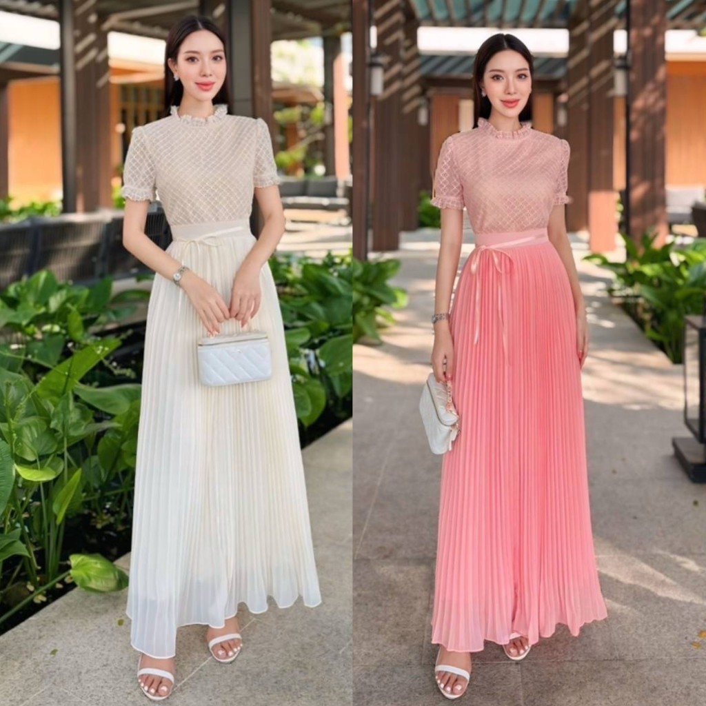 🚩ร้านโค้ดคุ้ม🚩 Shimmer 30 เสื้อลูกไม้+กระโปรงพลีทชิฟฟอน ออกงาน งานแต่ง งานบุญ งานบุญ งานบวช แฟนนาค