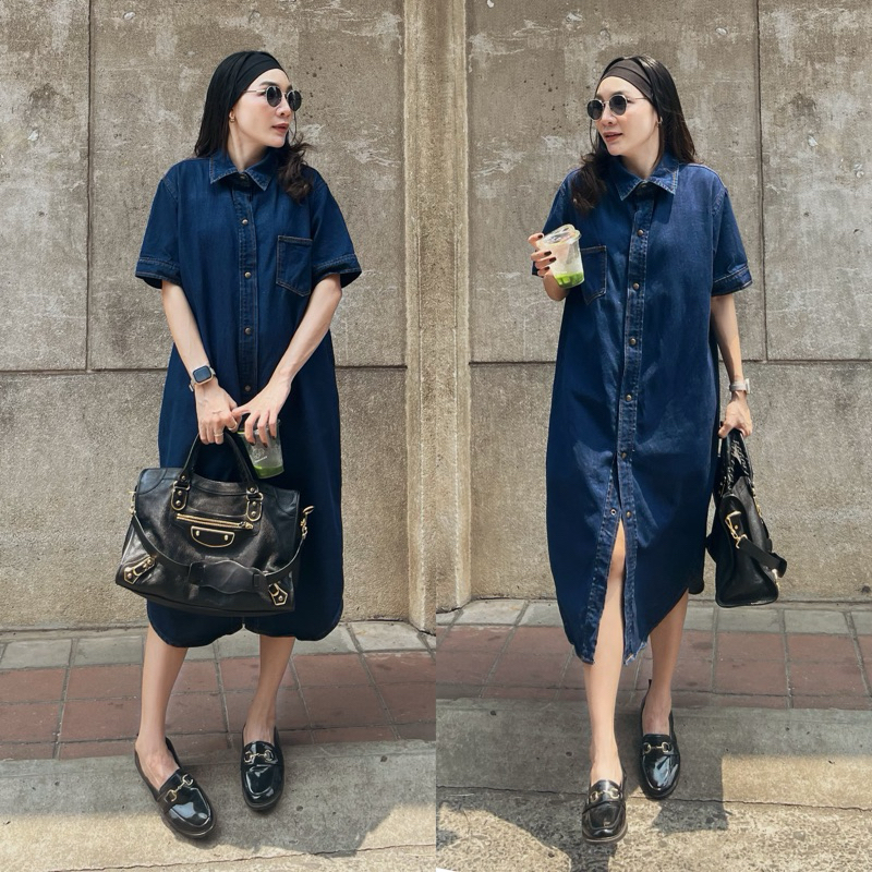 Denim maxi long dress เดรสเชิ้ตยีนส์แขนสั้น ทรงยาว โอเวอร์ไซส์ ผ้ายีนส์แท้ ฟอกสีเข้ม