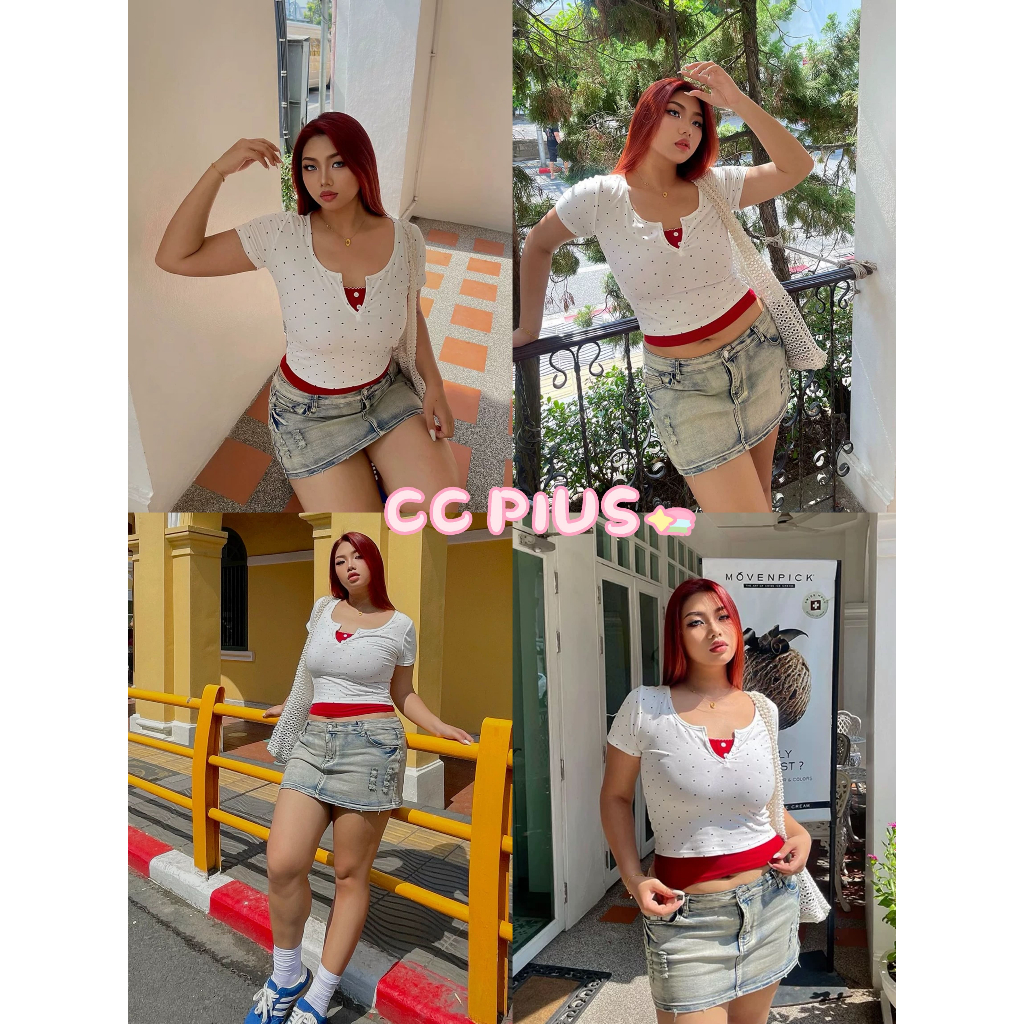 CiCi Plus+(J1710) เสื้อแขนสั้นดีเทลเย็บติด2ชั้นแต่งลายจุดคอวีสไตล์สาวพลัสไซส์เหมาะสำหรับสาวคิวท์ๆ