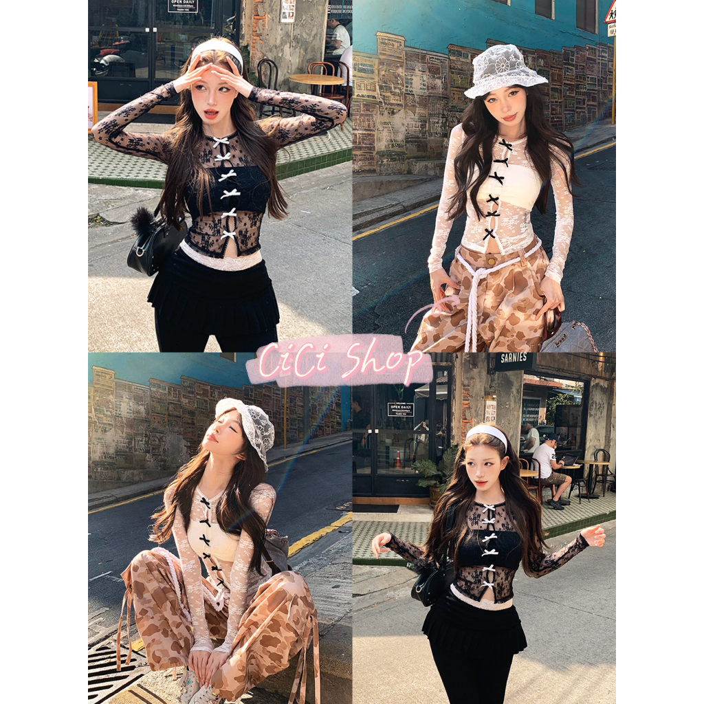 Cicishop(Y6239) Set 2 ชิ้น เกาะอก+เสื้อคลุมผ้าซีทรูแขนยาวลายลูกไม้ ดีเทลติดโบว์น่ารักใสๆ กระดุมใช้งานได้จริง