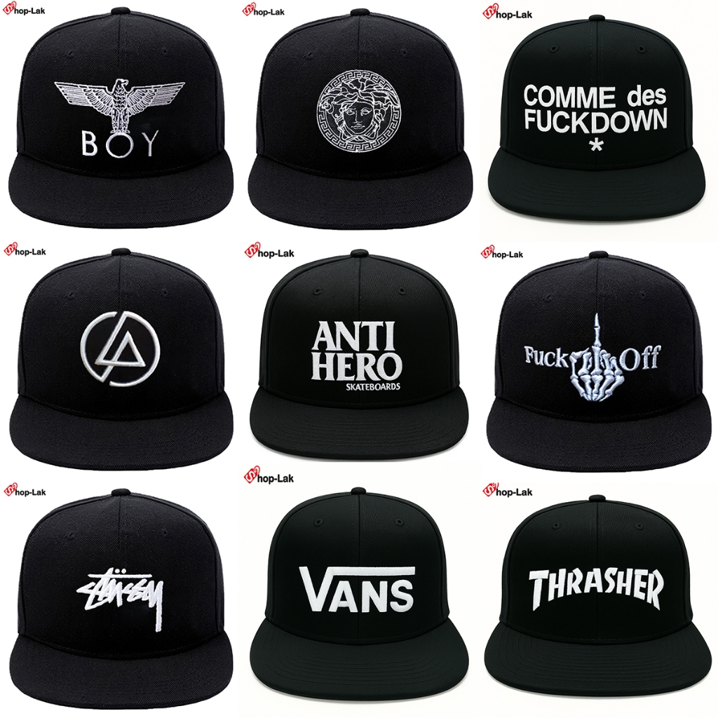 หมวกฮิปฮอป สแนปแบ็กสีดำ ปักโลโก้ แนวสตรีทแวร์ปรับไซด์ได้ มี 9 ลาย สินค้าไทย
