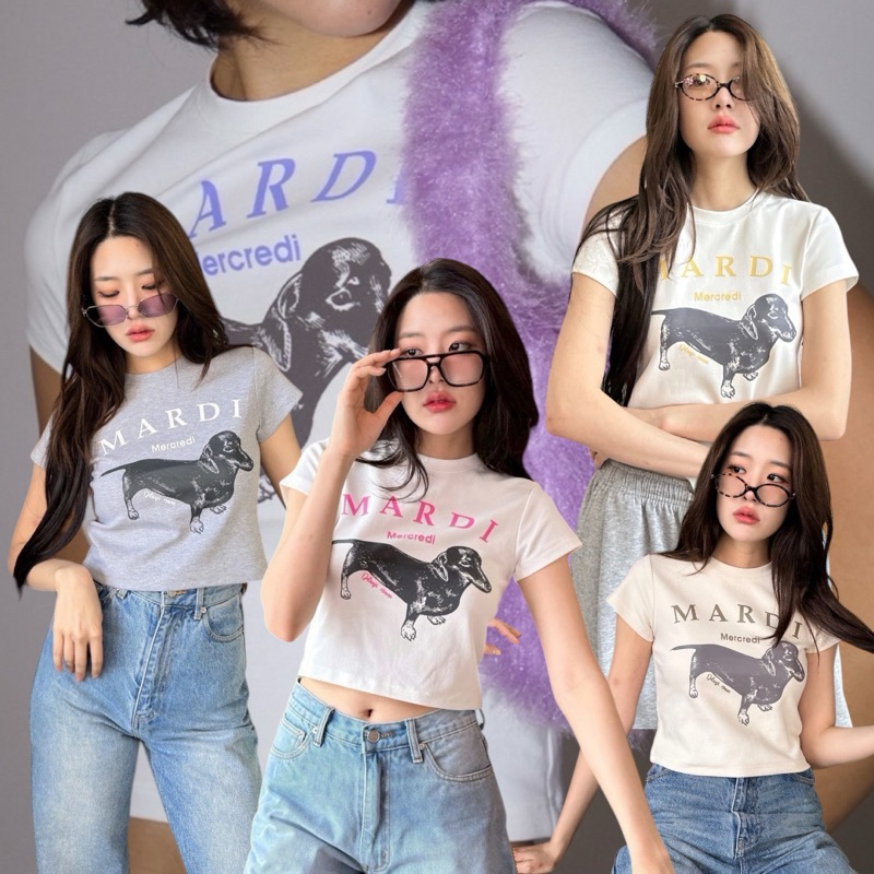 ส่งด่วน Mardi doggy Top 🔖🐶 เสื้อยืดคอกลมทรงครอปแขนสั้น ลายยอดฮิต ขนาดกำลังพอดีตัว