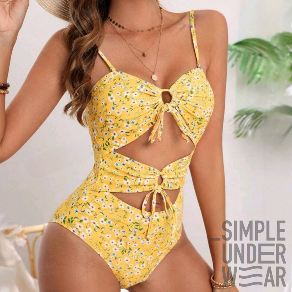 355 Simple Underwear bikini ชุดว่ายน้ำ บิกินี่ วันพีช สีเหลือง ลายดอก