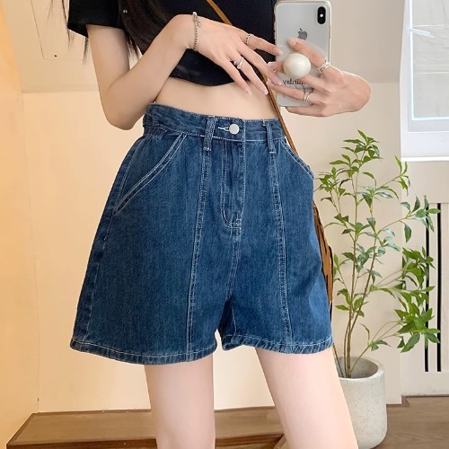 GHAOHES กางเกงยีนส์ขาสั้นสีน้ำเงินเข้ม S-4XL เอวสูงย้อนยุคทรงเอสำหรับคนตัวเล็ก ไม่ยืดหยุ่น