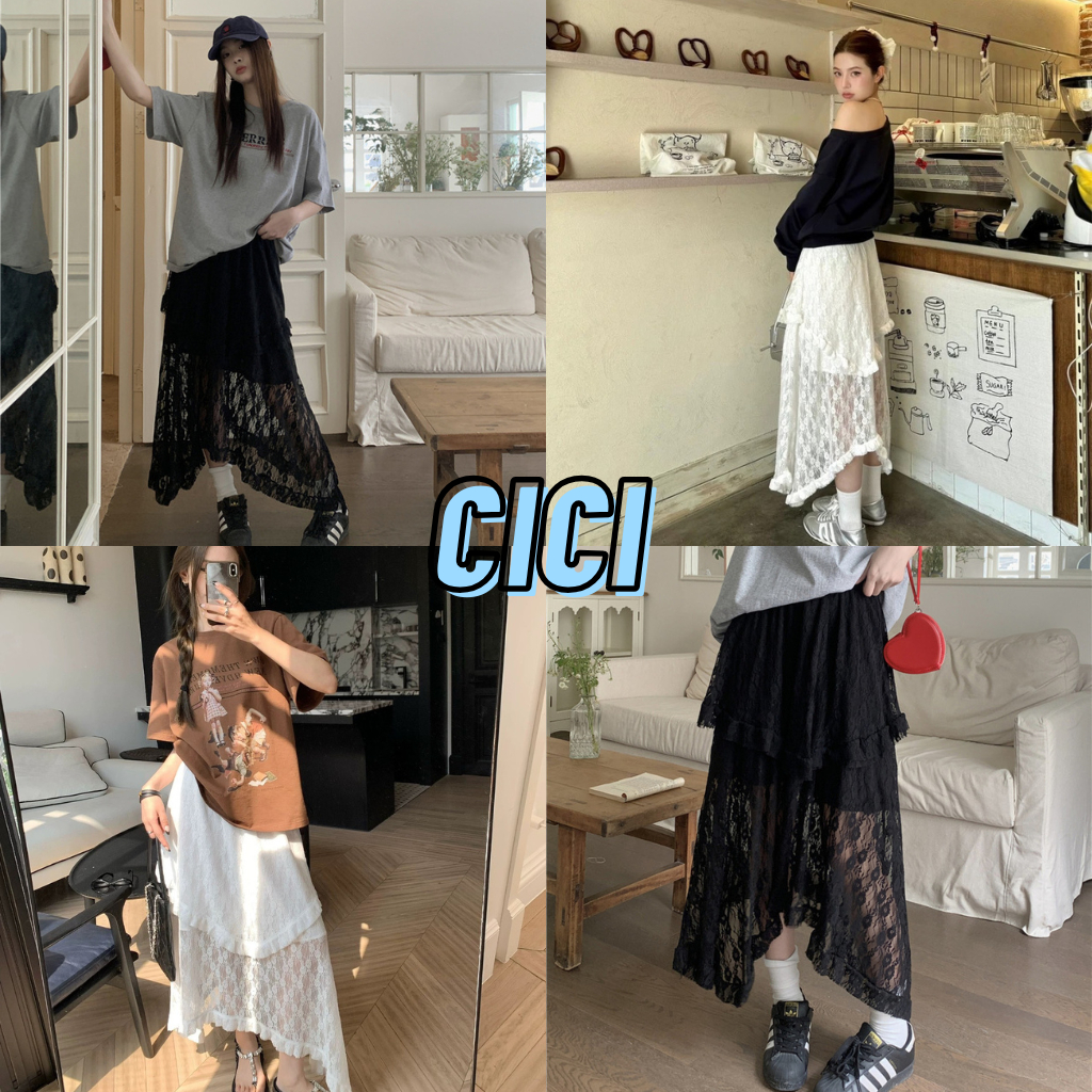 ส่งทันที Cici(NO. 2527) กระโปรงเอวยางยืด แต่งระบายลูกไม้ มีซับใน ดีเทลเว้าหน้า สไตล์สาวฮาวาย