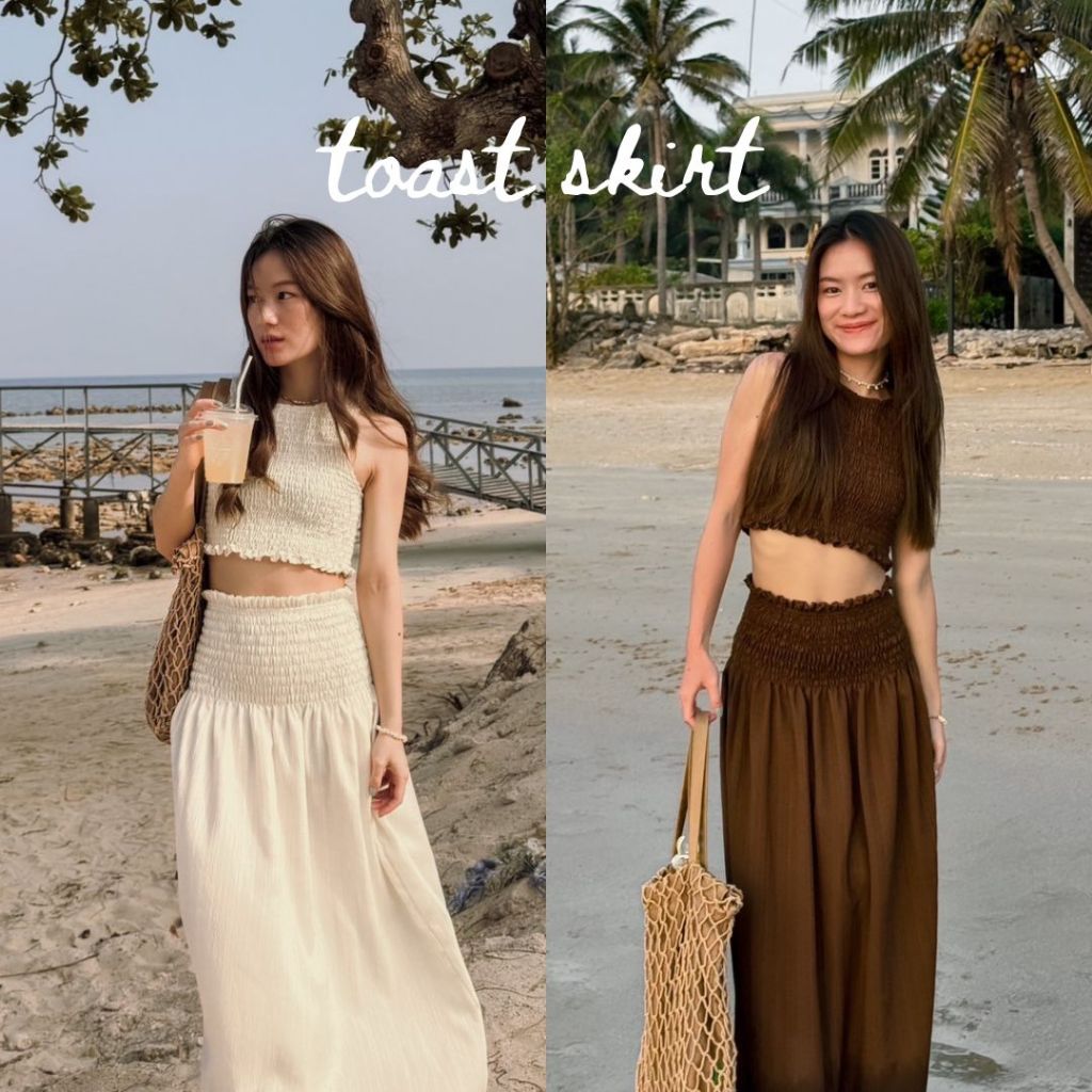 พร้อมส่ง💖 shatamps toast skirt (เฉพาะกระโปรง) กระโปรงยาว กระโปรงสม็อคยางยืด