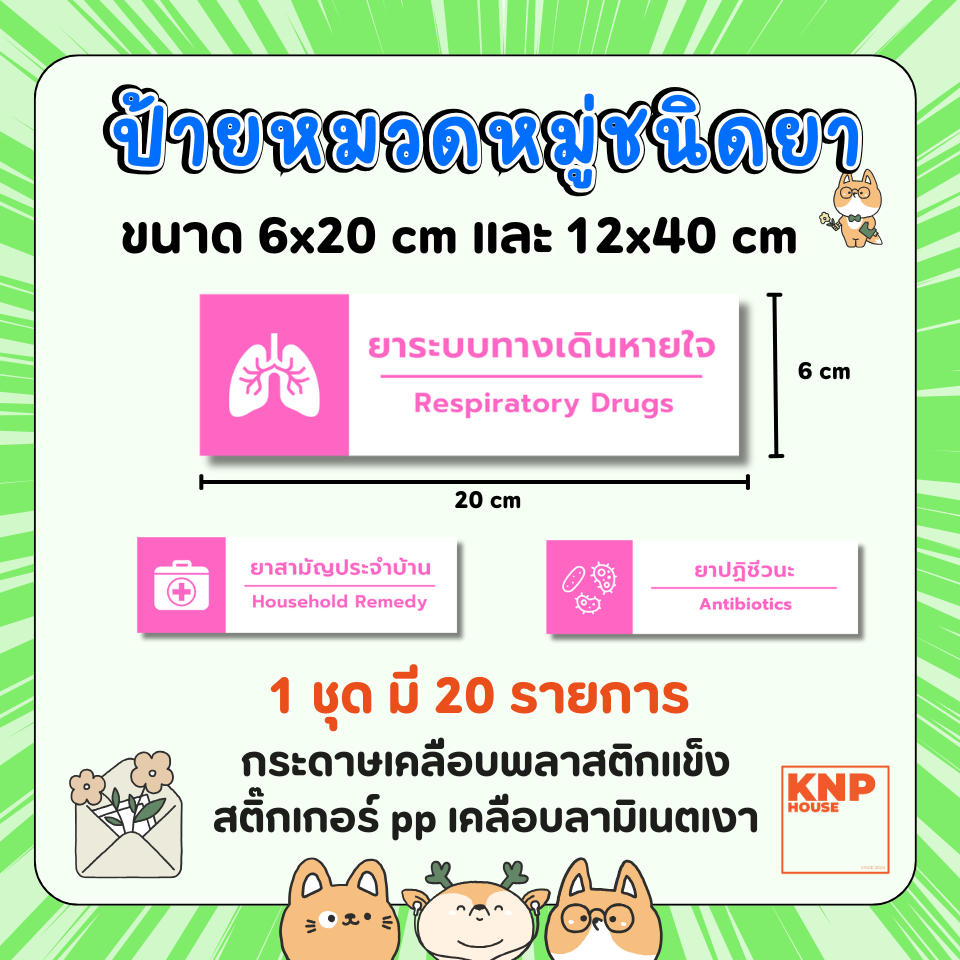 ป้ายร้านยา หมวดหมู่ยา ชนิดของยา สีชมพู 1ชุด มี 20 รายการ สติ๊กเกอร์หรือกระดาษเคลือบแข็ง กันน้ำ 100%