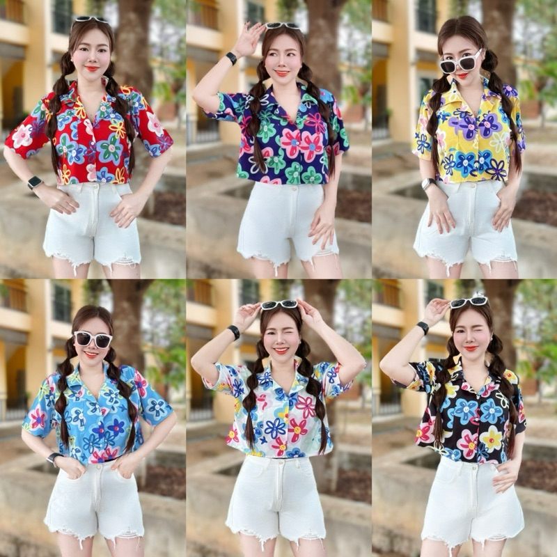 เสื้อฮาวายครอปสั้นลายดอกใส่สงกานต์มาใหม่สวยฟรีไซร้อก32-44ยาว19(ราคา1ตัว)