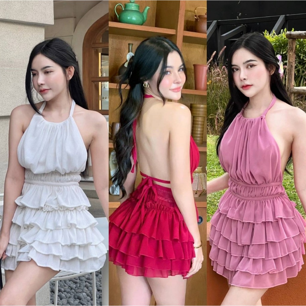 ชุดเซ็ท 2 ชิ้น กระโปรงสั้น ชุดเซ็ทกระโปรงชั้นๆ เสื้อเปิดหลังคล้องคอสีขาว งานเวียดนาม เซ็กซี่ ป้าย Th