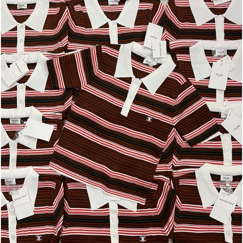 CLN Knit top🍔🍕เสื้อไหมพรมคอปกแขนสั้น ผ้านิตทอลายสลับสี ดีเทลปักอกโลโก้แบรนด์ดัง