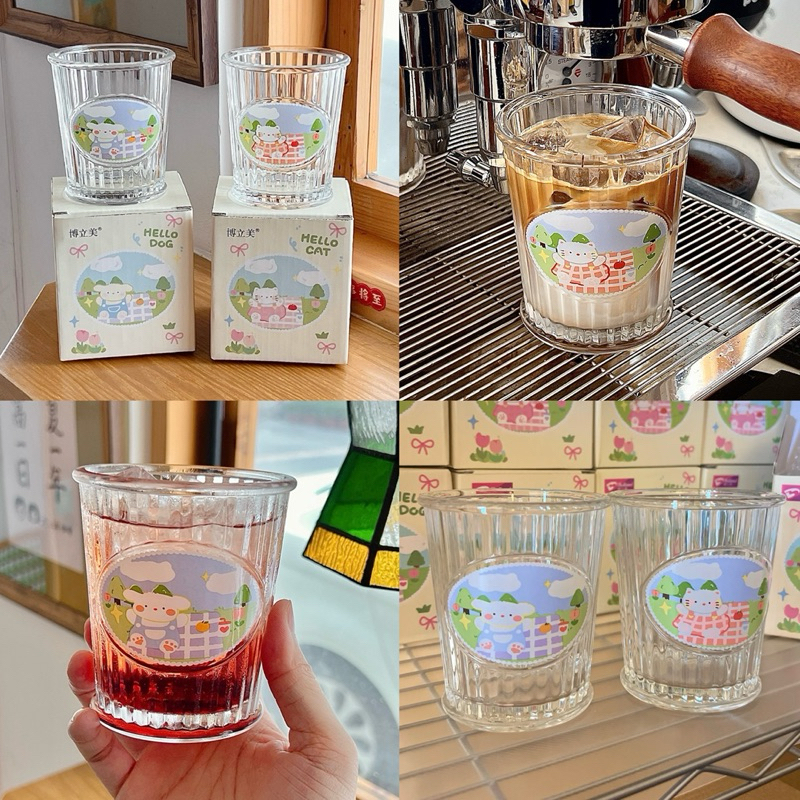 พร้อมส่ง แก้วน้ำ Cat & Puppy ลายน่ารัก แก้วกาแฟ แก้วใส แก้วคาเฟ่ Cafe ถ่ายรูปน่ารัก ของขวัญ gift 71045