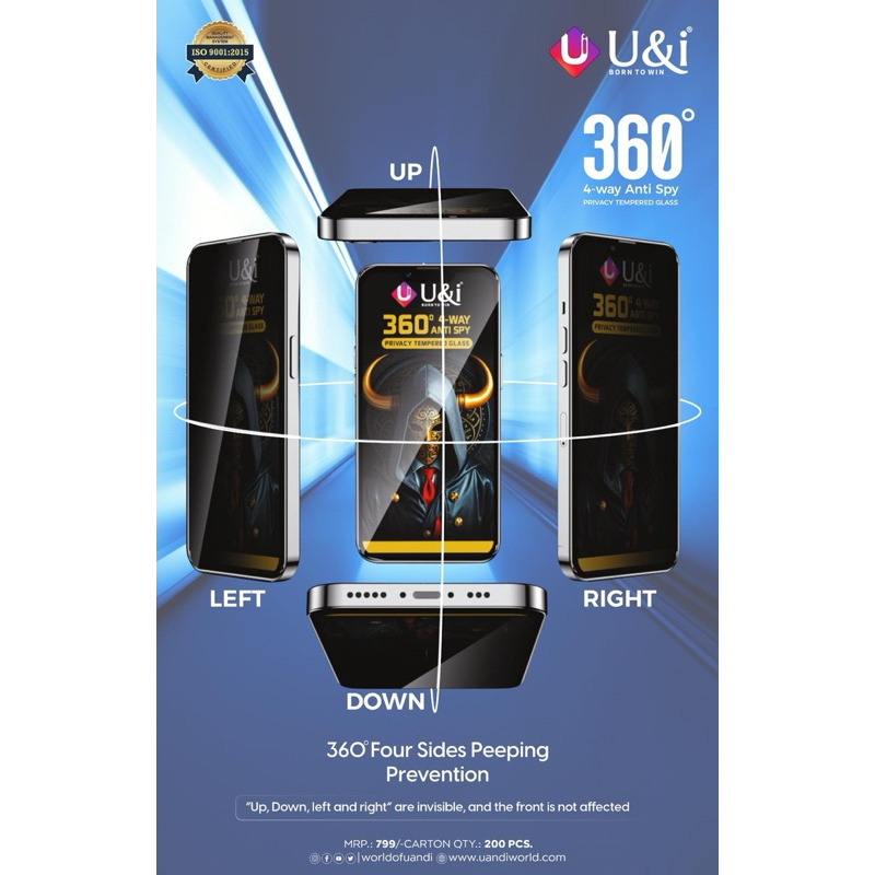 U&i Privacy 360 องศา 4-Way Anti Spy  ฟิล์มกระจกกันรอยเต็มจอกันมองข้าง ปกป้องกันมอง 4 ทิศทาง สำหรับรุ่น iPhone