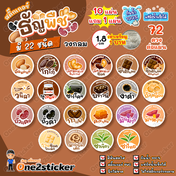 สติ๊กเกอร์ธัญพืช แผ่นละ 72 ดวง วงกลม 1.8 cm