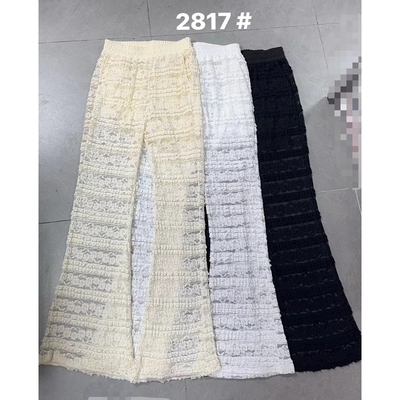 กางเกงขาม้าเนื้อผ้าลูกไม้ยืดได้ แต่งลายดอกกุ๊นลาย เอวเป็นยางยืด #2817 - รูปที่ 5