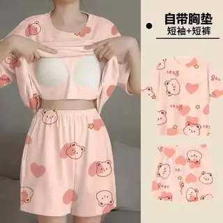 ชุดนอนเซ็ต ผ้าเด้งนิ่ม มีบราในตัว แขนสั้น กางเกงขาสั้น ลายน่ารัก ผ้าใส่สบาย รหัสQZ