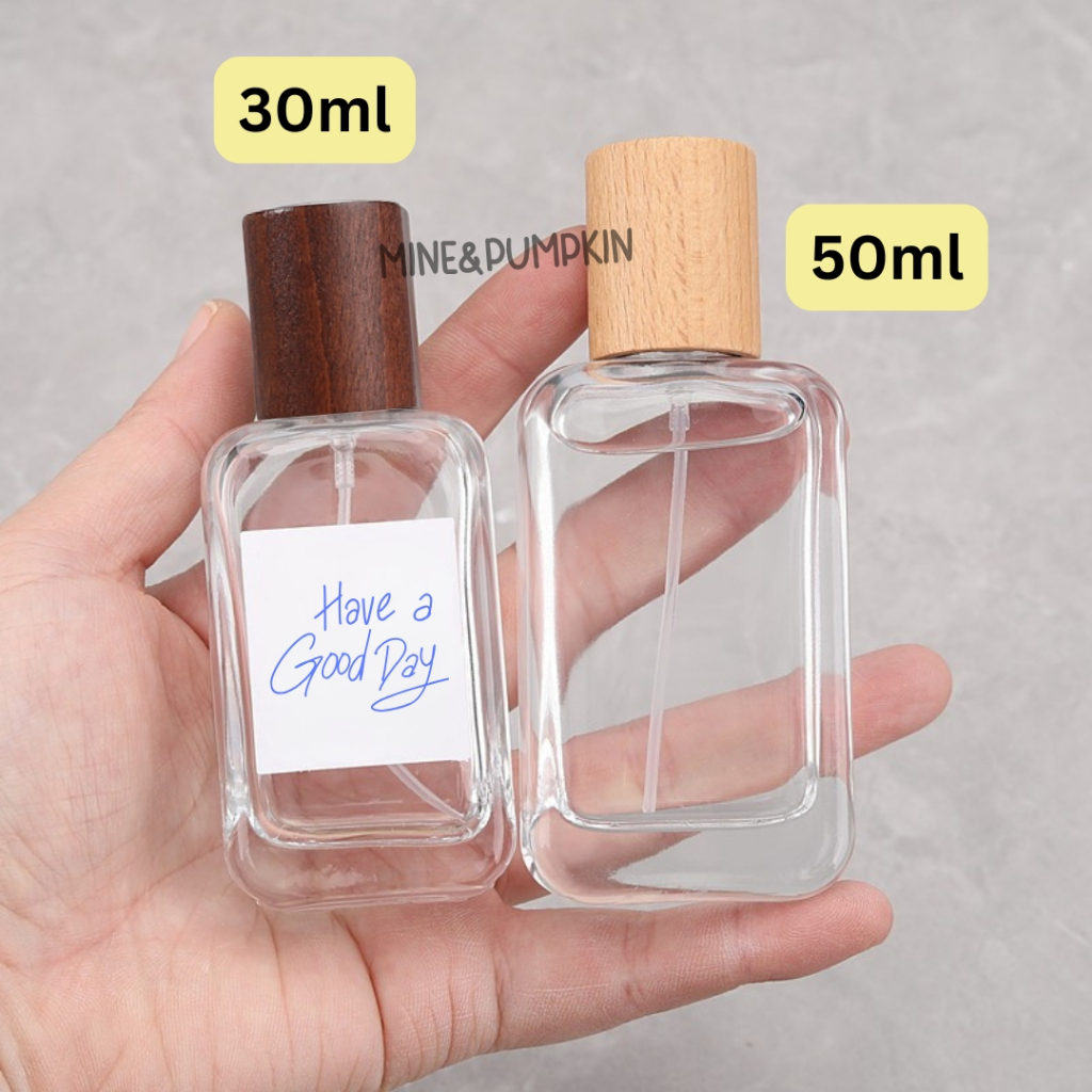 【M&P】ขวดแก้วใส ทรงเหลี่ยมมน ฝาไม้ ขนาด 30 / 50 ml