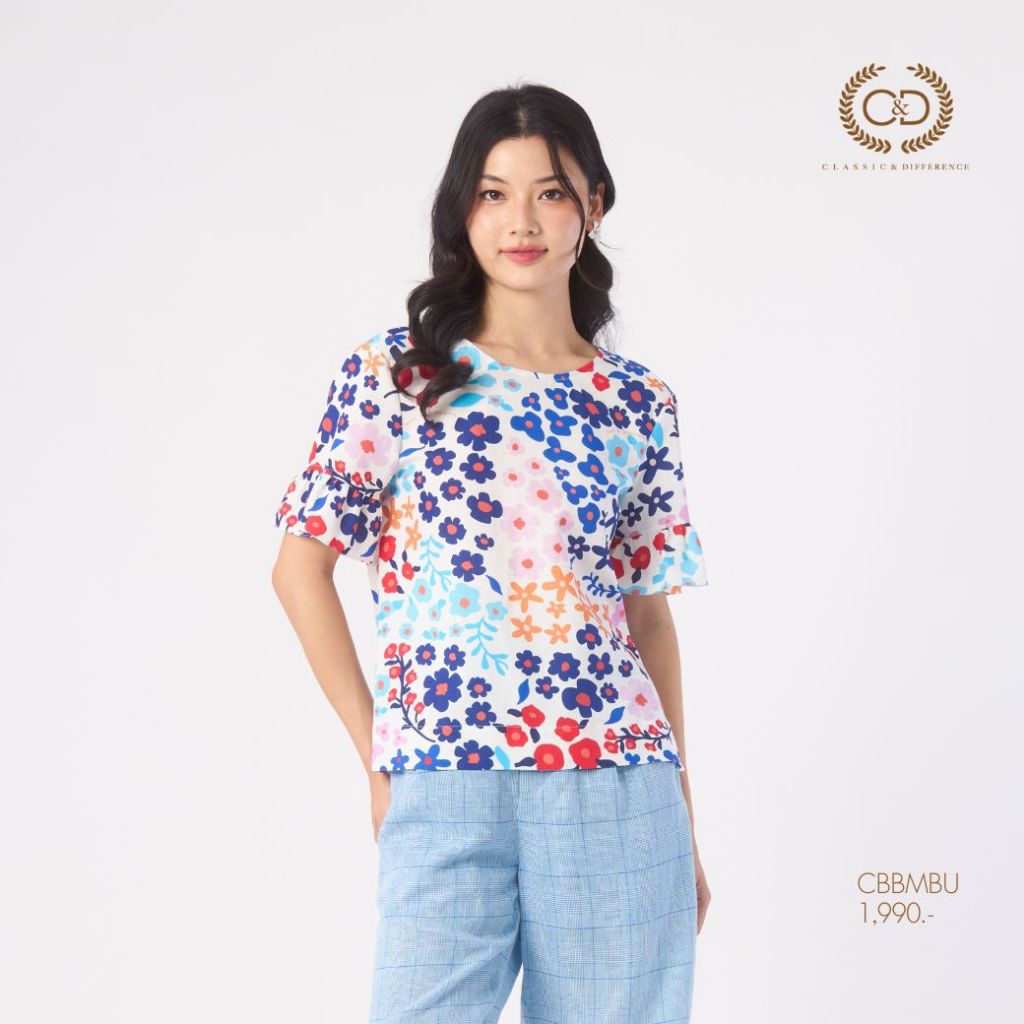 C&D Woman's blouse Blue Kobana เสื้อผู้หญิง แขนสั้น ระบายปลายแขน สีฟ้า CBBMBU