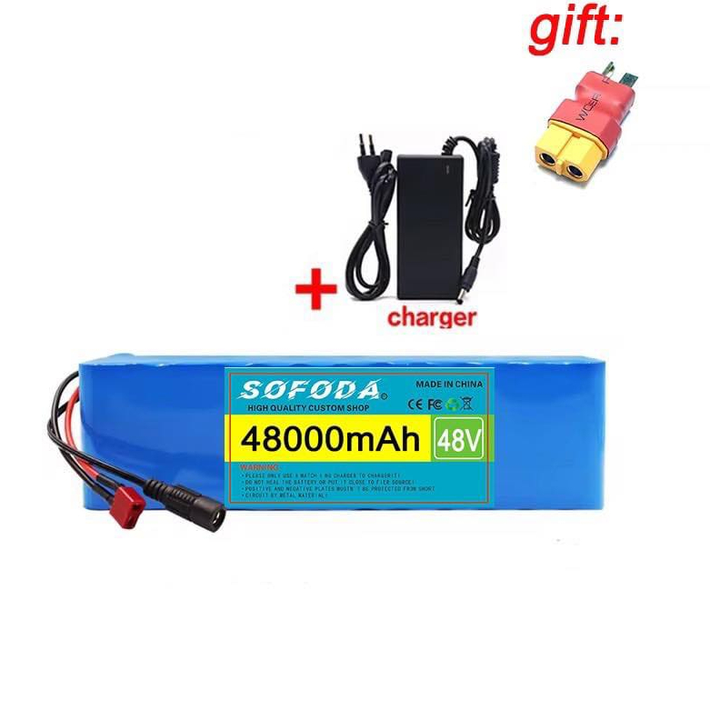 แบตเตอรี่ลิเธียม 48V 30AH/48AH/100AH แบตเตอรี่ 1000W E-bike 54.6V BMS + charger แบตเตอรี่ไอออน Batte
