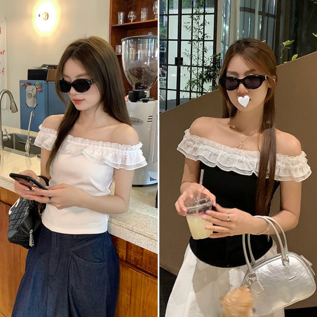 Beryl 🌻เสื้อยืดสวยๆผู้หญิง🎉 เสื้อยืดโชว์ไหล่ เซ็กซี่ ดีไซน์ขอบลูกไม้ ทรงเข้ารูป สีพื้น สไตล์เกาหลี