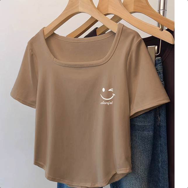 เสื้อยืดผู้หญิง เสื้อยืดคอยู สีทึบ เซ็กซี่ แขนสั้น ผิดปกติ ท็อปส์ซูผ้าฝ้าย แสดงผอม เสื้อยืดสาวอวบ เสื้อโอเวอร์ไซส์ M-3XL