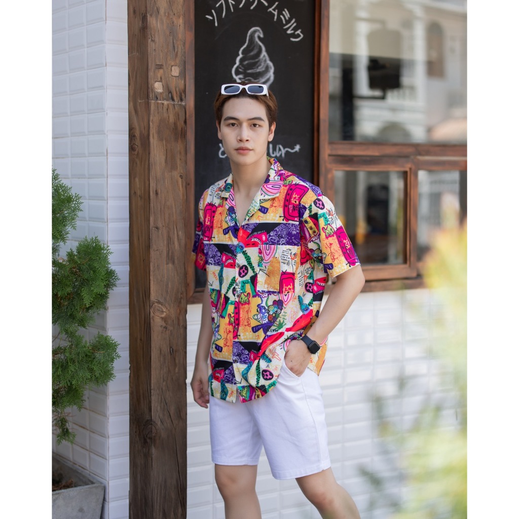 🌴เสื้อฮาวาย เสื้อเชิ้ต ผ้าไหมอิตาลีเนื้อนิ่ม ลายคัลเลอร์ฟูล