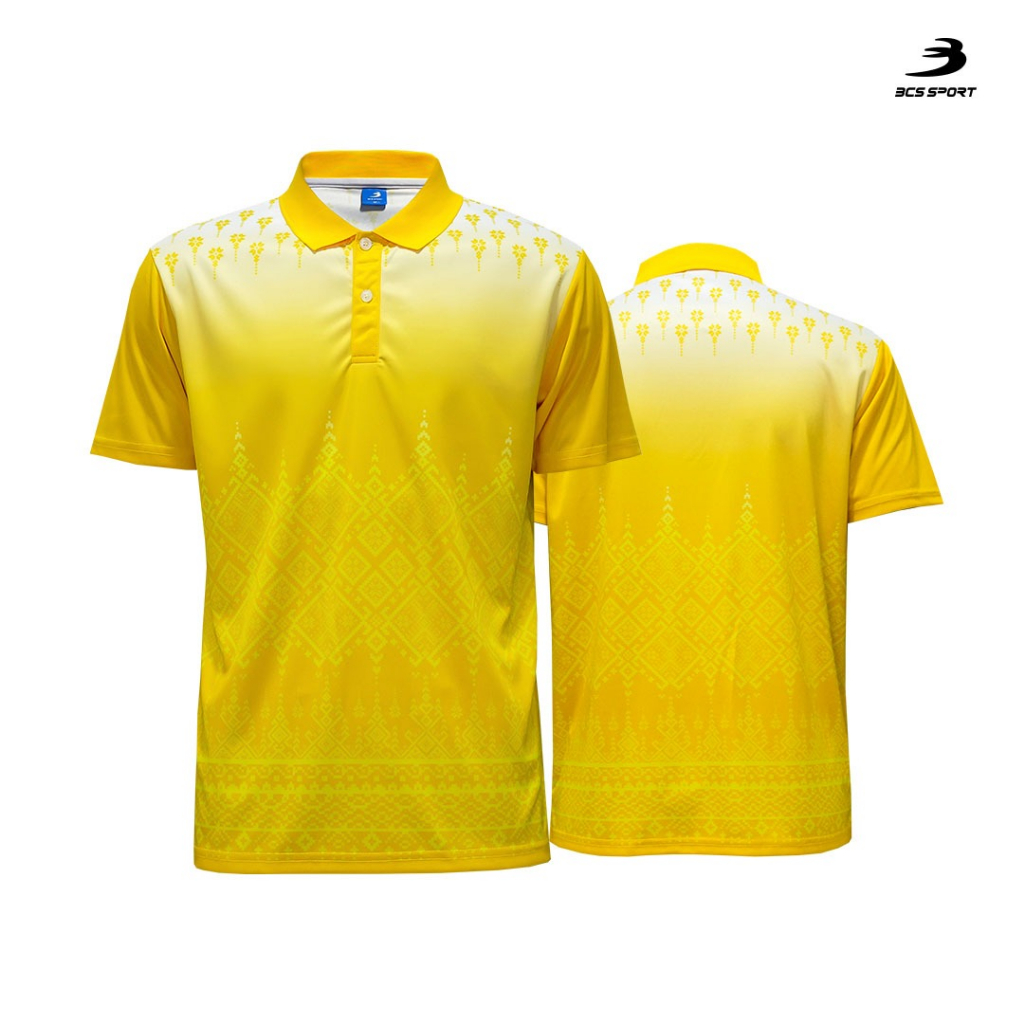 BCS SPORT เสื้อโปโลลายแพรวาดอกพิกุล สีเหลือง ปกทอสปอร์ต UNISEX (มีไซส์ SS-8L) เนื้อผ้า MICRO PLUS+ รหัสJ9040 ราชการ ทีม