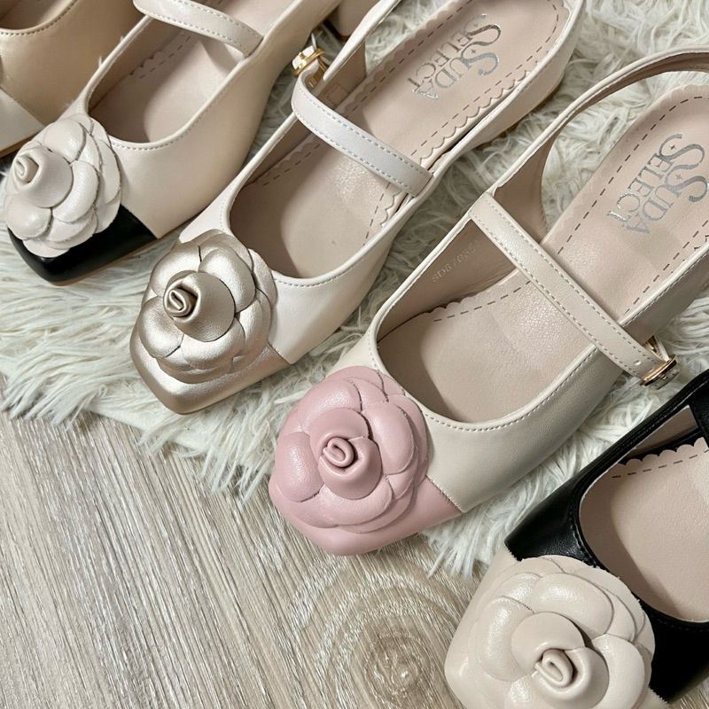 SudaSelect: รองเท้ารัดส้น ทรงแมรี่เจน สีทูโทน แต่งด้วยดอกคามีเลียใหญ่ ส้นสูง 1.5นิ้ว รหัส670851 - รูปที่ 2
