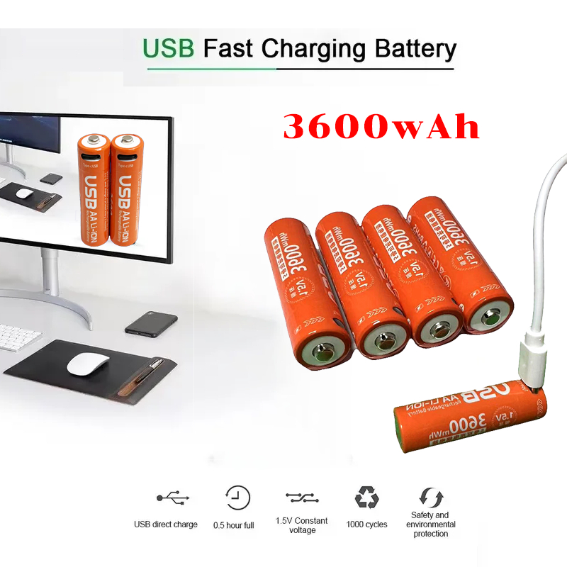 【Jazzy】(ส่งสายชาร์จ)ถ่านชาร์จ แบตเตอรี่ (ราคาต่อ 1ก้อน) ขนาดAA3600mWh 1.5V ชาร์จด้วยสายUSB/4PCS Rechargeable Li-ion Batt