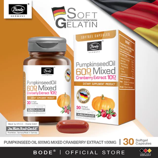 BODE® โบเด้ พัมพ์กินซีด ออยด์ 600 มก มิกซ์ แครนเบอร์รี่ เอ็กซ์แทร็ก 100 มก (30 แคปซูลซอฟท์เจล)