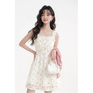 【EVIOVIO】🌷S-4XL ชุดเซตสองชิ้น เสื้อคลุม + มินิเดรสสายเดี่ยว ลายดอกไม้ สีพาสเทลน่ารัก หวานสไตล์เกาหลี