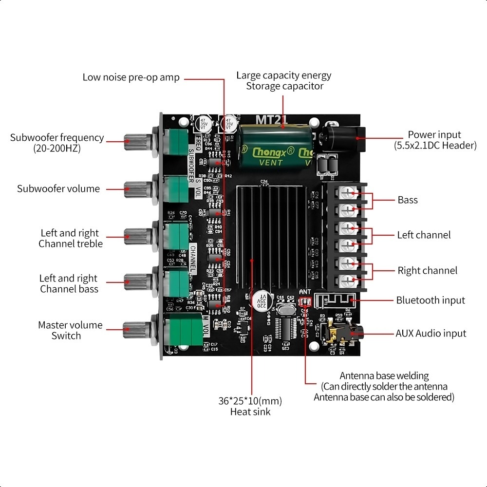 ZK-MT21 2.1 ช่องบลูทูธ 5.0 ซับวูฟเฟอร์เครื่องขยายเสียง 50WX2 + 100W Power Audio Stereo Board Bass