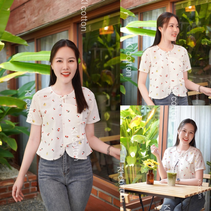 เสื้อผ้าฝ้ายพิมพ์ลาย เสื้อคอกลมกระดุมปลาน้อย