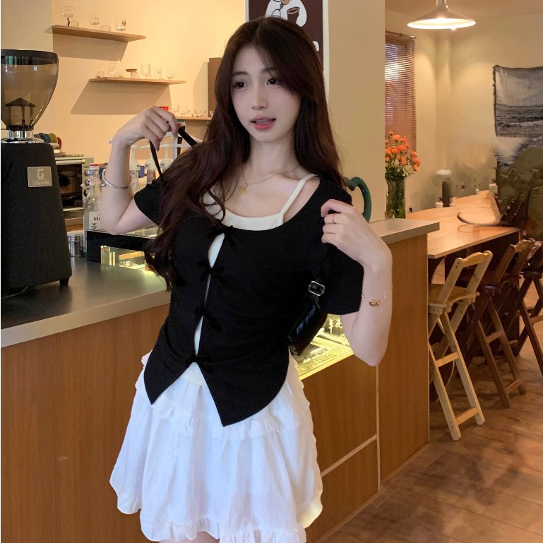 [คุณภาพสูง]สีดำ ขนาดใหญ่ไขมัน mm แขนสั้นเสื้อยืดสองชิ้นผู้หญิงฤดูร้อนโบว์ครอบคลุมเนื้อและบางด้านบน
