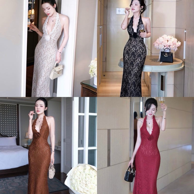 Teera❤️พร้อมส่ง✨งานนำเข้า✈️เดรสยาวลูกไม้คอวีลึกแต่งดอกไม้ ซิปหลังซับในทั้งตัว สวยมงลง💥🍸