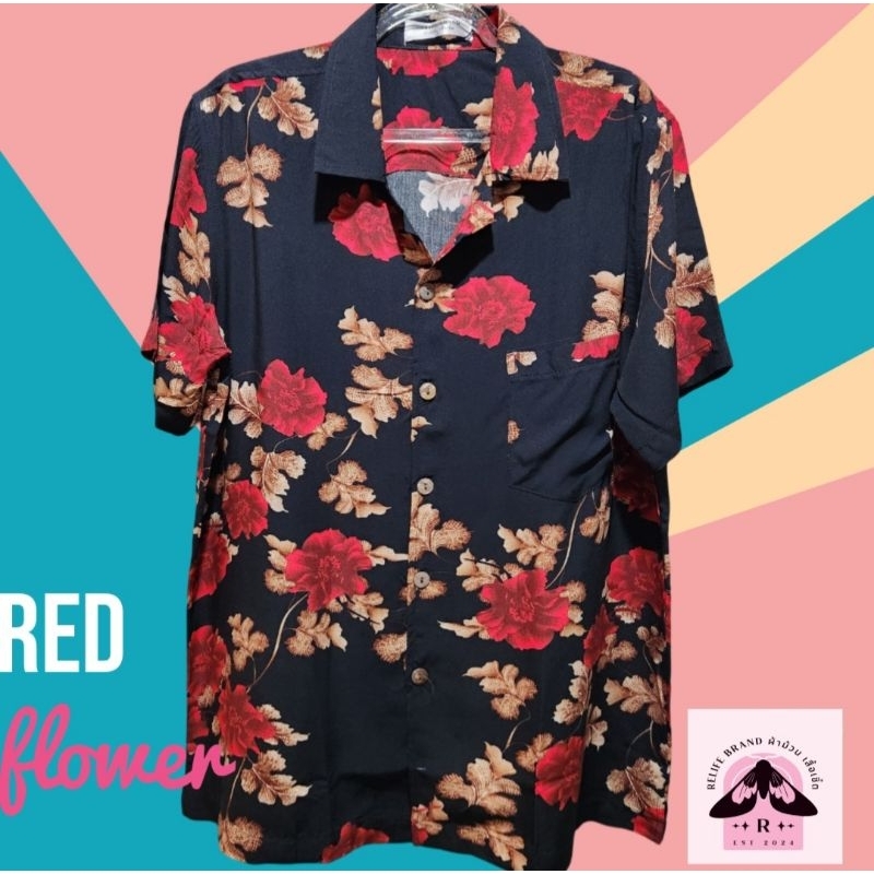 เสื้อฮาวายลาย Red Flower พื้นดำดอกแดง ผ้าสปันเรย่อน ใส่ได้ทั้ง ช ญ
