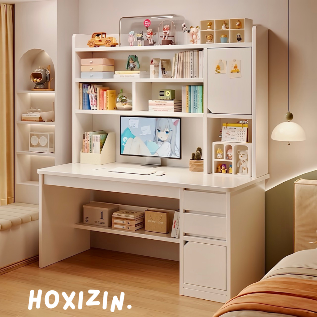 โต๊ะทำงานมีชั้นวางของ โต๊ะคอมพิวเตอร์ เขียนหนังสือ Computer Desk สวยมินิมอล ไม้คุณภาพดี แข็งแรง